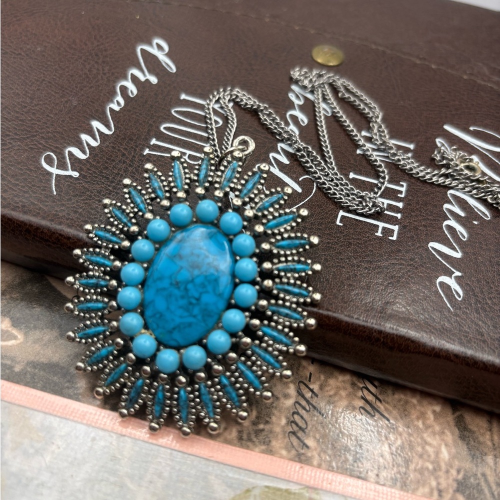 Vintage JJ Jonette Turquoise Style Pendant Necklace Southwestern Western